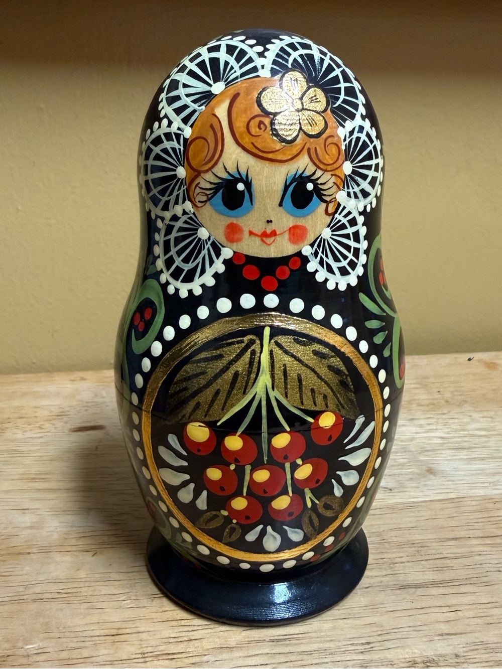 Hand-Painted Russian Nesting Doll with Cherry Motif - Black & Gold